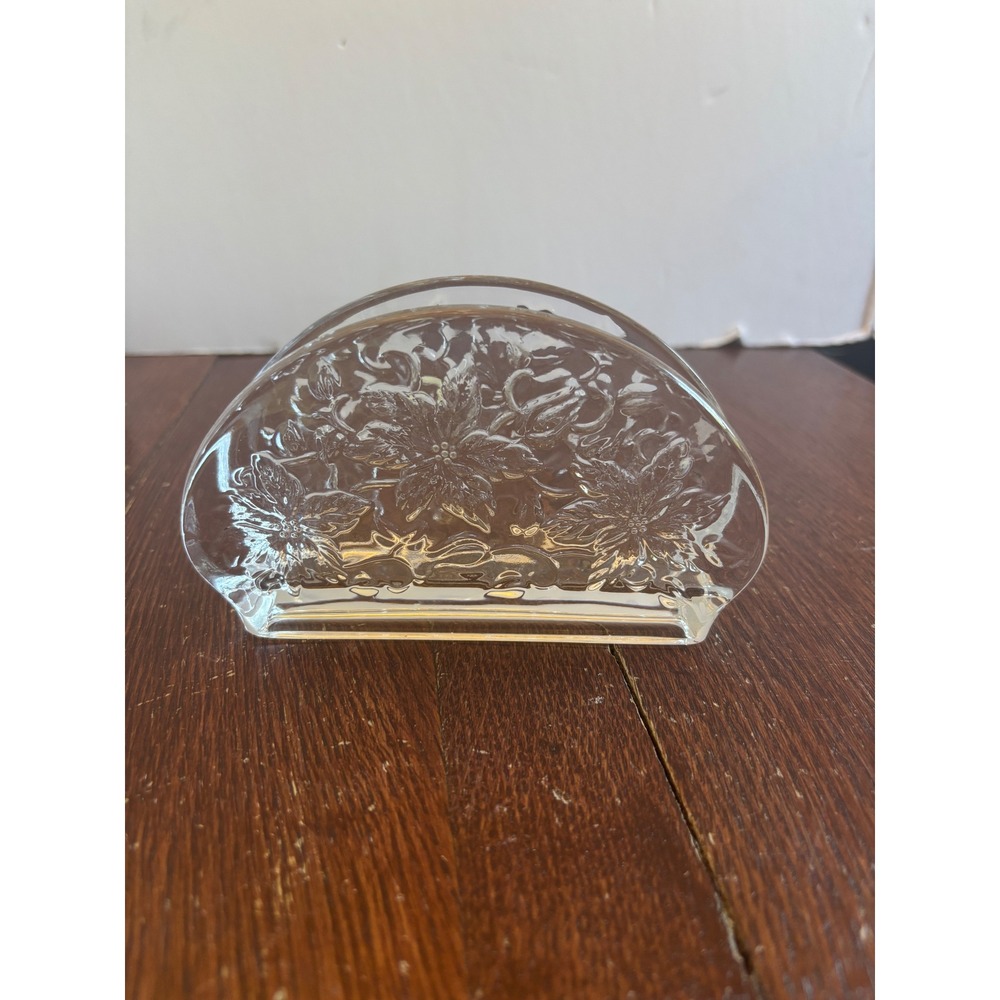 Princess House Poinsettia Crystal Napkin Holder Clear Glass Floral Holiday Decor